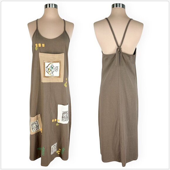 Crazy Fish Hawaii Tan Beige Fish Pattern Artsy Multi Pocket Midi Summer Dress S - Picture 1 of 5